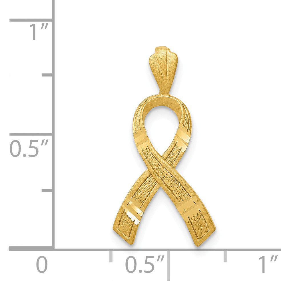 Alternate view of the 14k Yellow Gold Satin &amp; Diamond Cut Awareness Ribbon Pendant, 12mm by The Black Bow Jewelry Co.