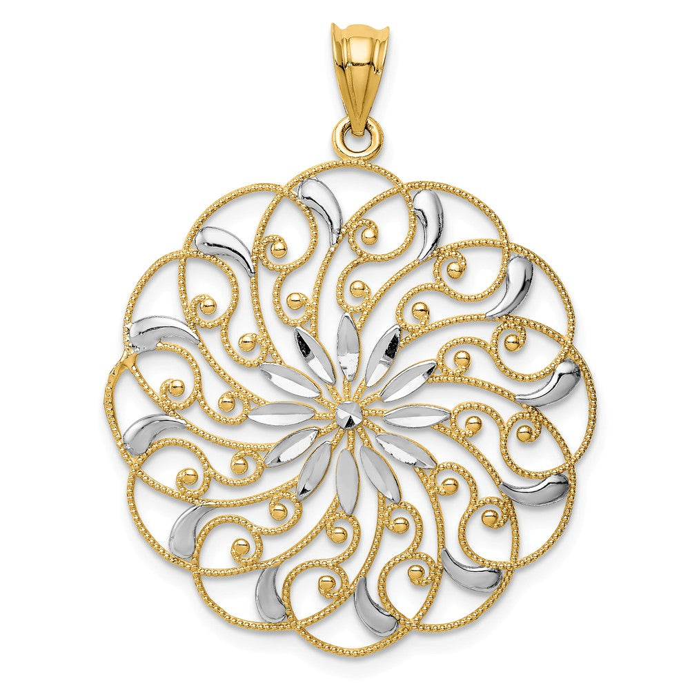 14k Yellow Gold &amp; White Rhodium Diamond Cut Floral Swirl Pendant, 30mm, Item P26393-38 by The Black Bow Jewelry Co.