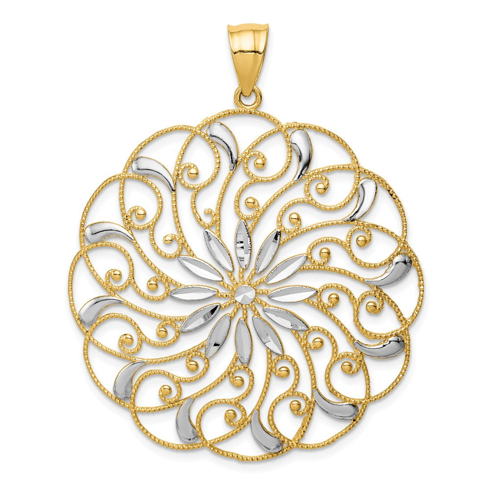 14k Yellow Gold & White Rhodium Diamond Cut Floral Swirl Pendant