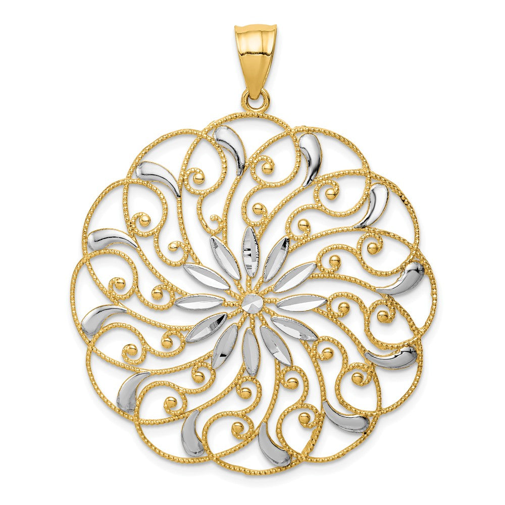 14k Yellow Gold &amp; White Rhodium Diamond Cut Floral Swirl Pendant, 40mm, Item P26393-50 by The Black Bow Jewelry Co.