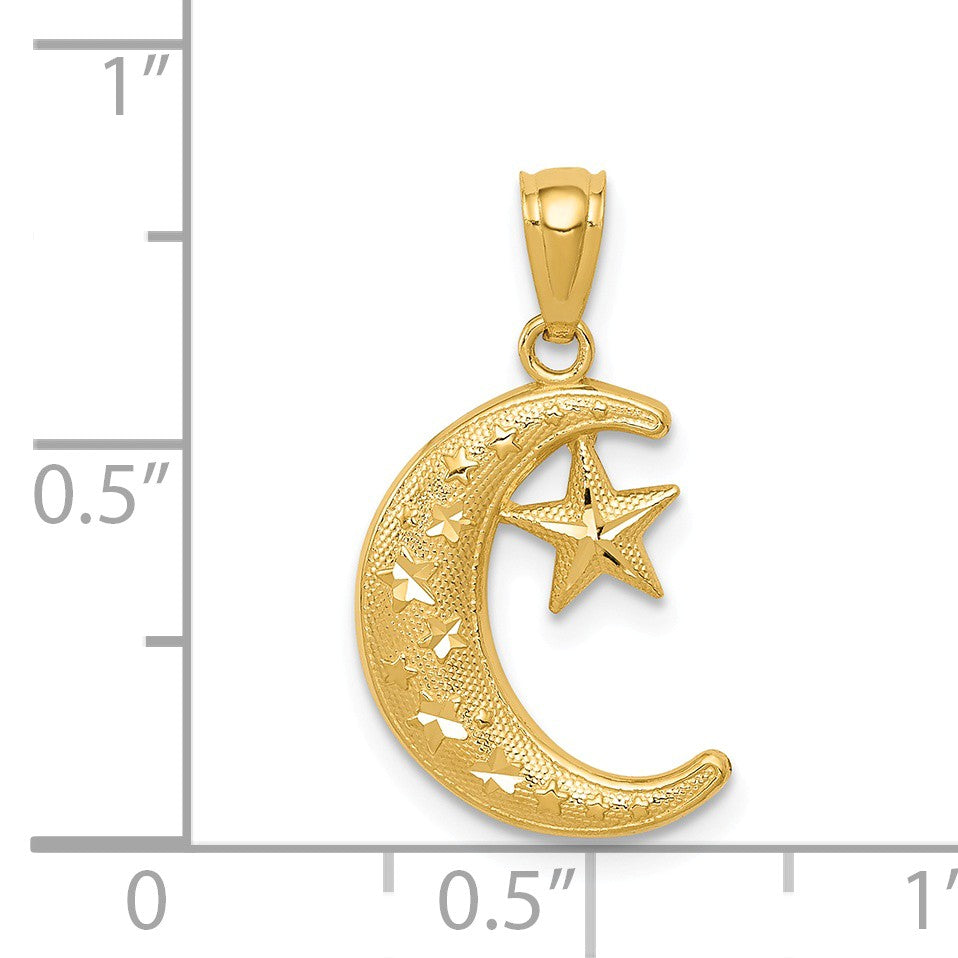 Alternate view of the 14k Yellow Gold Crescent Moon and Stars Pendant, 12mm by The Black Bow Jewelry Co.
