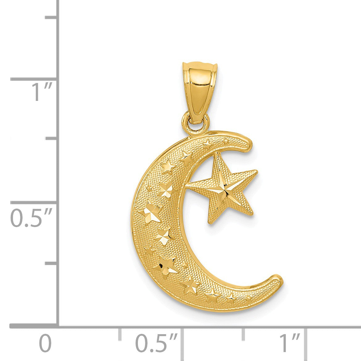 Alternate view of the 14k Yellow Gold Crescent Moon and Stars Pendant, 12 or 16mm by The Black Bow Jewelry Co.