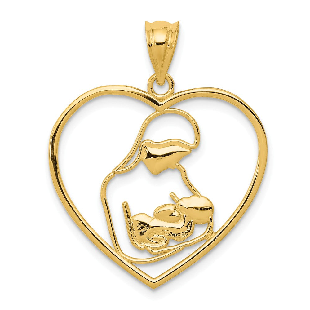 14k Yellow Gold Mother and Child Heart Pendant, 23mm (7/8 inch), Item P26406 by The Black Bow Jewelry Co.