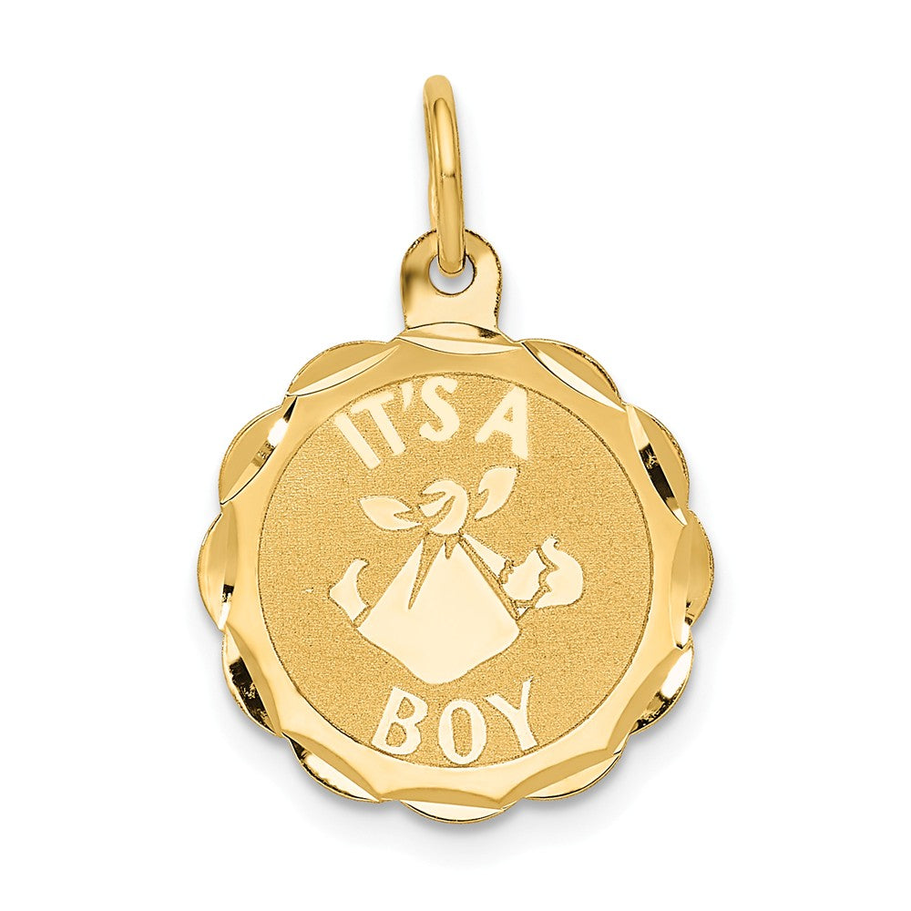 14k Yellow Gold It&#39;s A Boy Disc Charm or Pendant, 16mm (5/8 inch), Item P26438 by The Black Bow Jewelry Co.