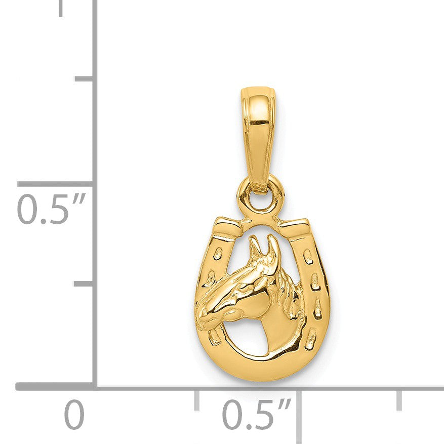Alternate view of the 14k Yellow Gold Small Horse Head and Horseshoe Pendant, 9mm by The Black Bow Jewelry Co.
