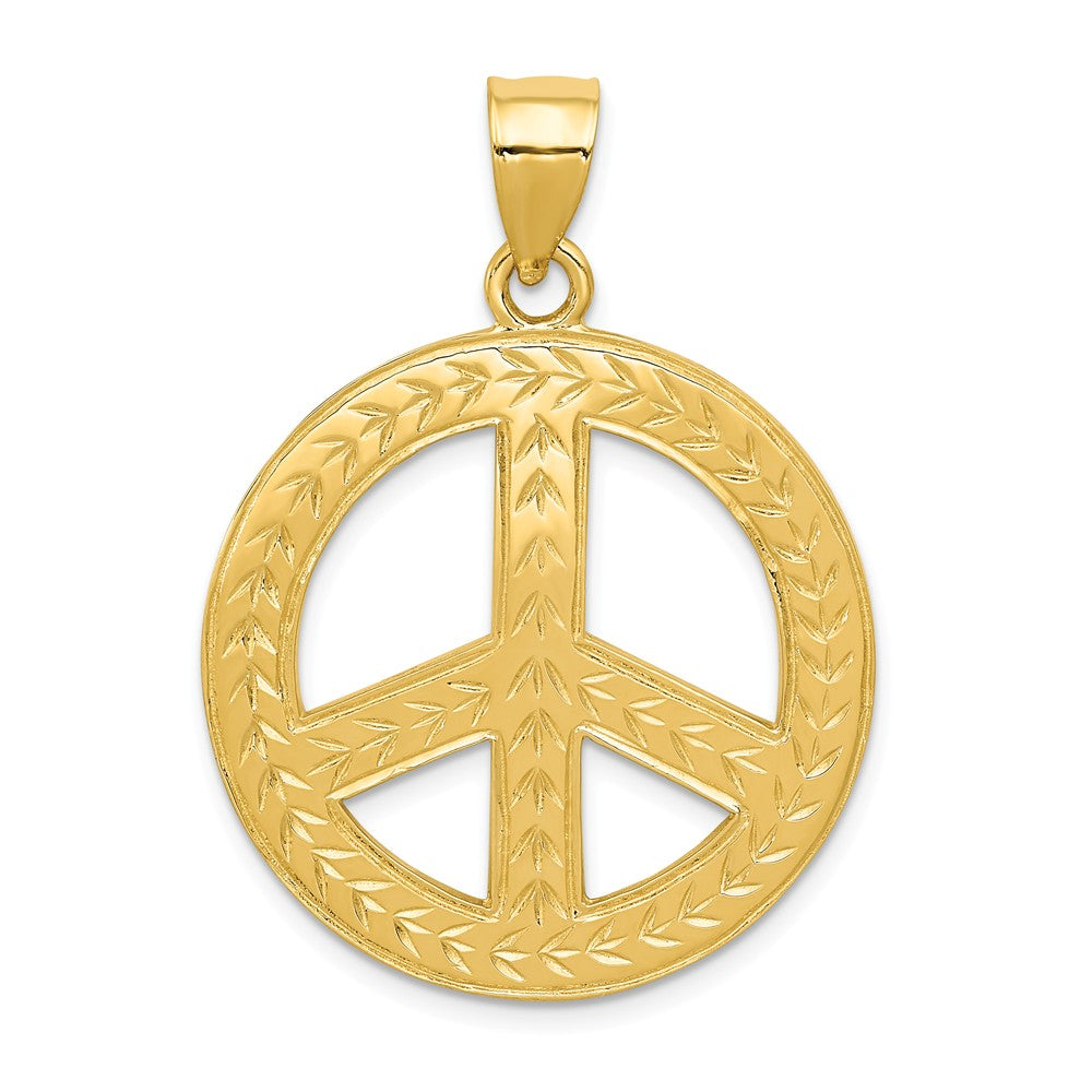 14k Yellow Gold Peace Sign with Wheat Pattern Pendant, 28mm (1 1/8 in), Item P26528 by The Black Bow Jewelry Co.