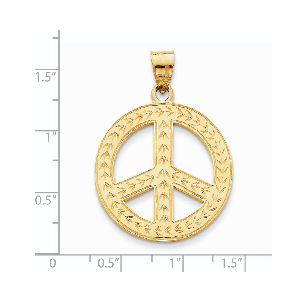 Alternate view of the 14k Yellow Gold Peace Sign with Wheat Pattern Pendant, 28mm (1 1/8 in) by The Black Bow Jewelry Co.