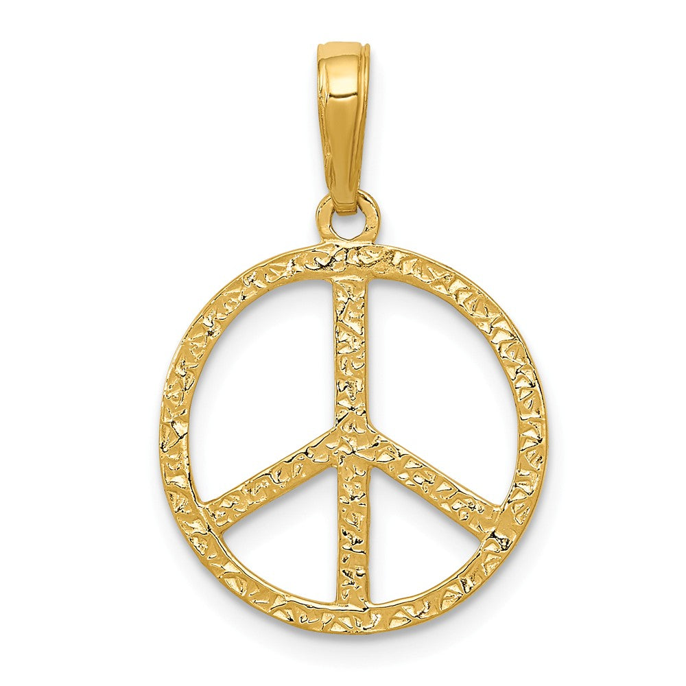 14k Yellow Gold Textured Peace Sign Pendant, 16mm (5/8 inch), Item P26530 by The Black Bow Jewelry Co.
