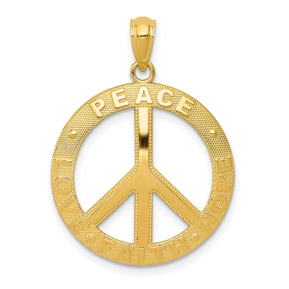 14k Yellow Gold Peace, Hope, Faith, Love, Peace Sign Pendant, 20mm, Item P26531 by The Black Bow Jewelry Co.