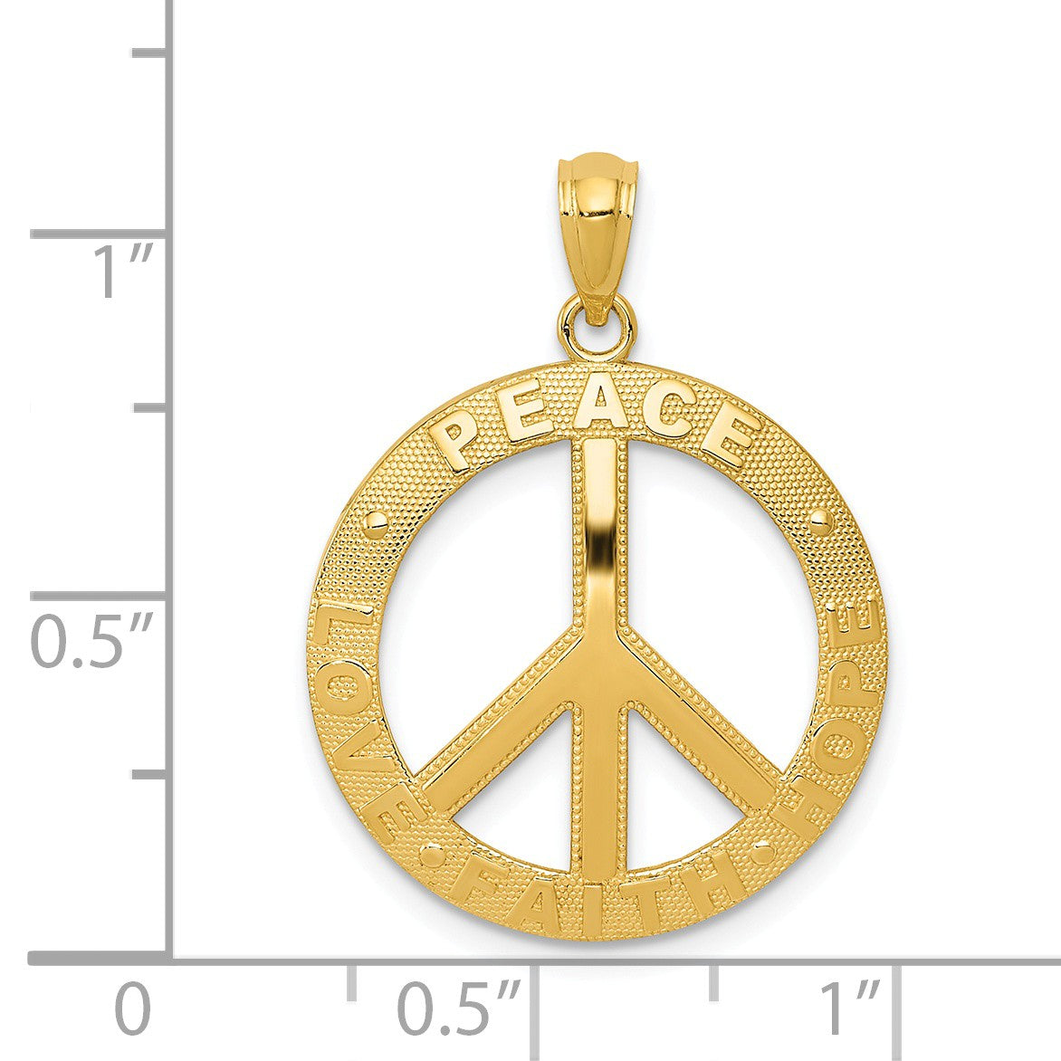 Alternate view of the 14k Yellow Gold Peace, Hope, Faith, Love, Peace Sign Pendant, 20mm by The Black Bow Jewelry Co.