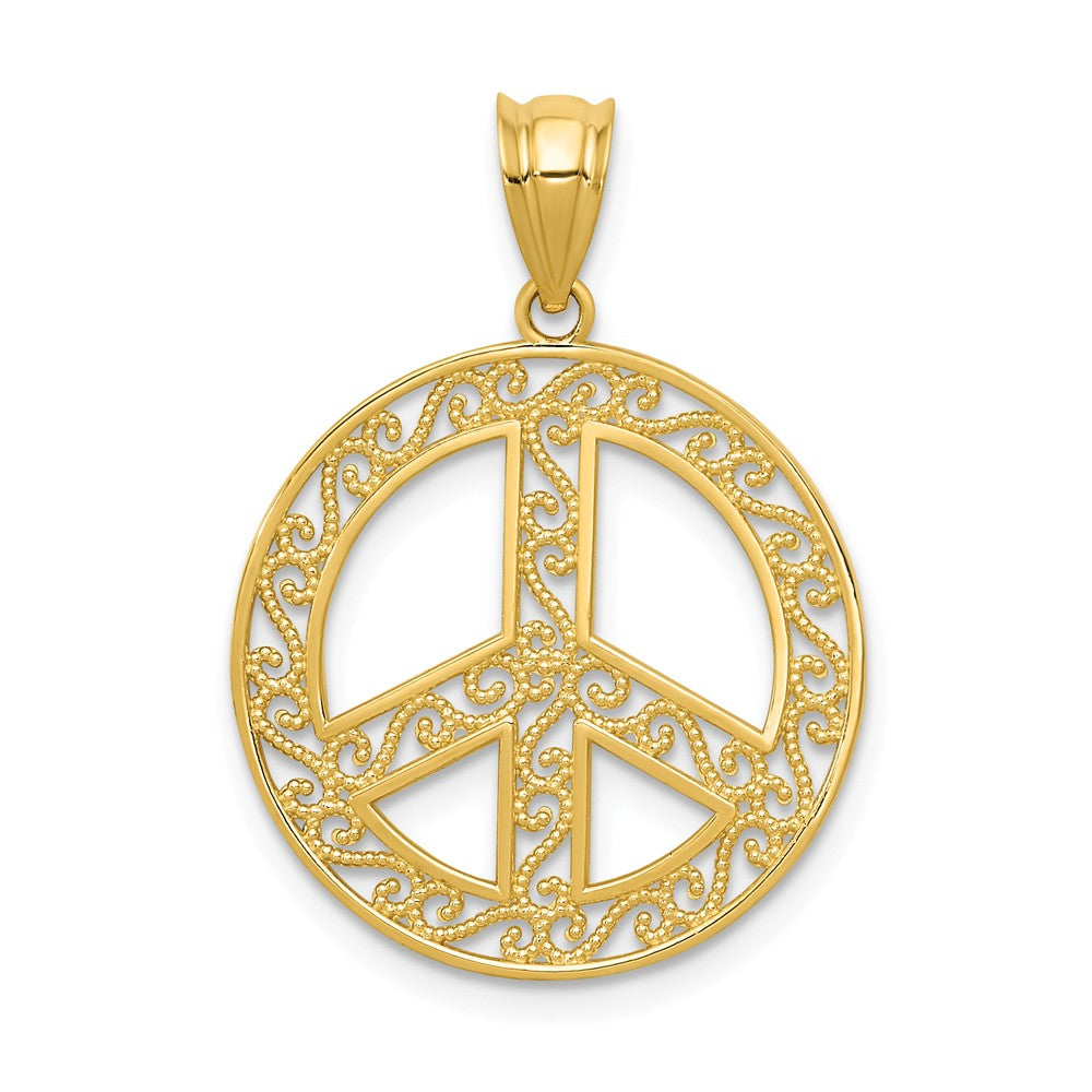 14k Yellow Gold Filigree Peace Sign Pendant, 19mm (3/4 inch), Item P26537 by The Black Bow Jewelry Co.