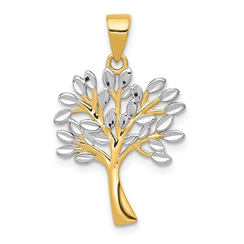 14k Yellow Gold and White Rhodium Diamond Cut Tree Pendant, 16mm, Item P26577 by The Black Bow Jewelry Co.