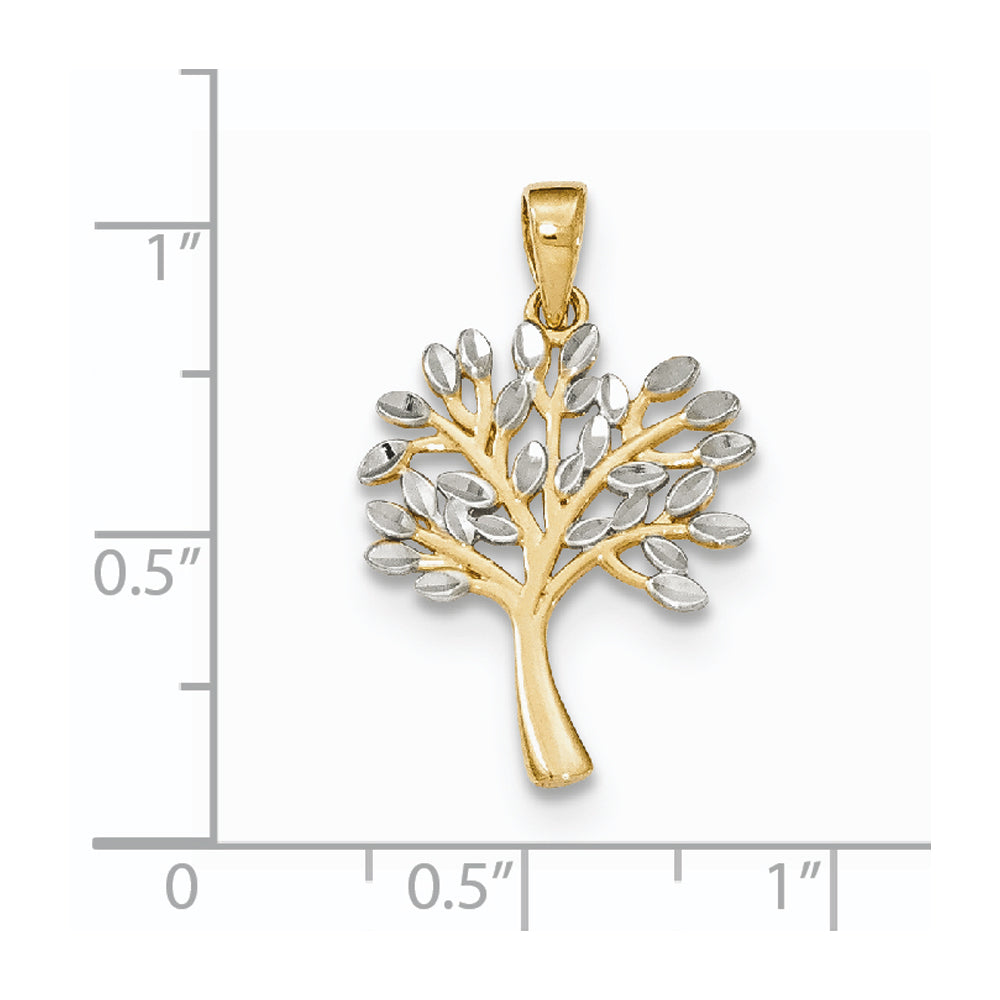 Alternate view of the 14k Yellow Gold and White Rhodium Diamond Cut Tree Pendant, 16mm by The Black Bow Jewelry Co.