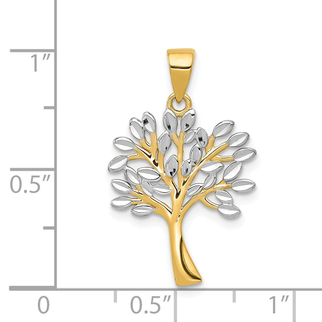 Alternate view of the 14k Yellow Gold and White Rhodium Diamond Cut Tree Pendant, 16mm by The Black Bow Jewelry Co.