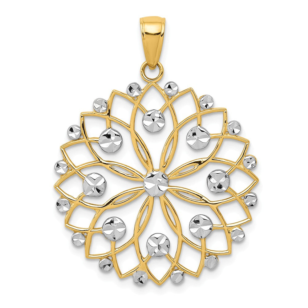 14k Yellow Gold and White Rhodium Diamond Cut Flower Pendant, 26mm, Item P26617 by The Black Bow Jewelry Co.