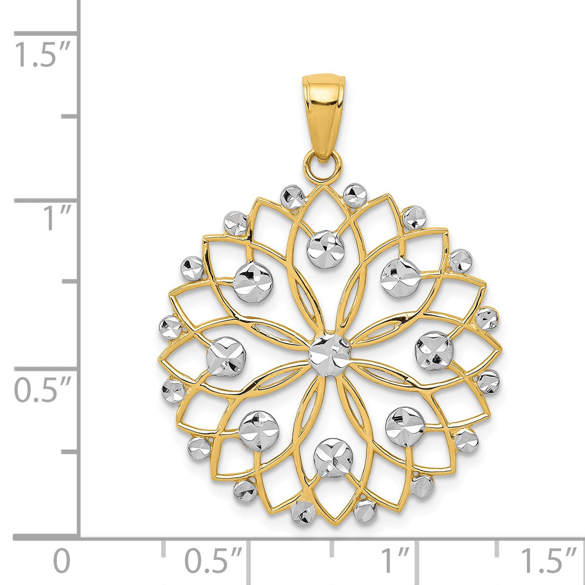 Alternate view of the 14k Yellow Gold and White Rhodium Diamond Cut Flower Pendant, 26mm by The Black Bow Jewelry Co.