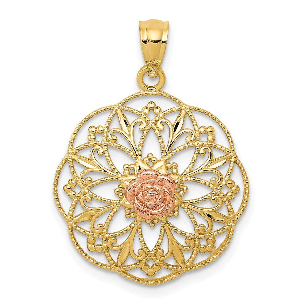 14k Two Tone Gold Round Filigree Rose Pendant, 19mm (3/4 inch), Item P26621 by The Black Bow Jewelry Co.