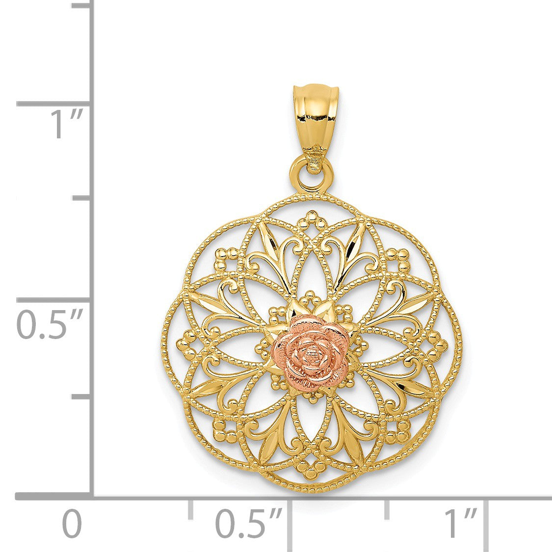 Alternate view of the 14k Two Tone Gold Round Filigree Rose Pendant, 19mm (3/4 inch) by The Black Bow Jewelry Co.