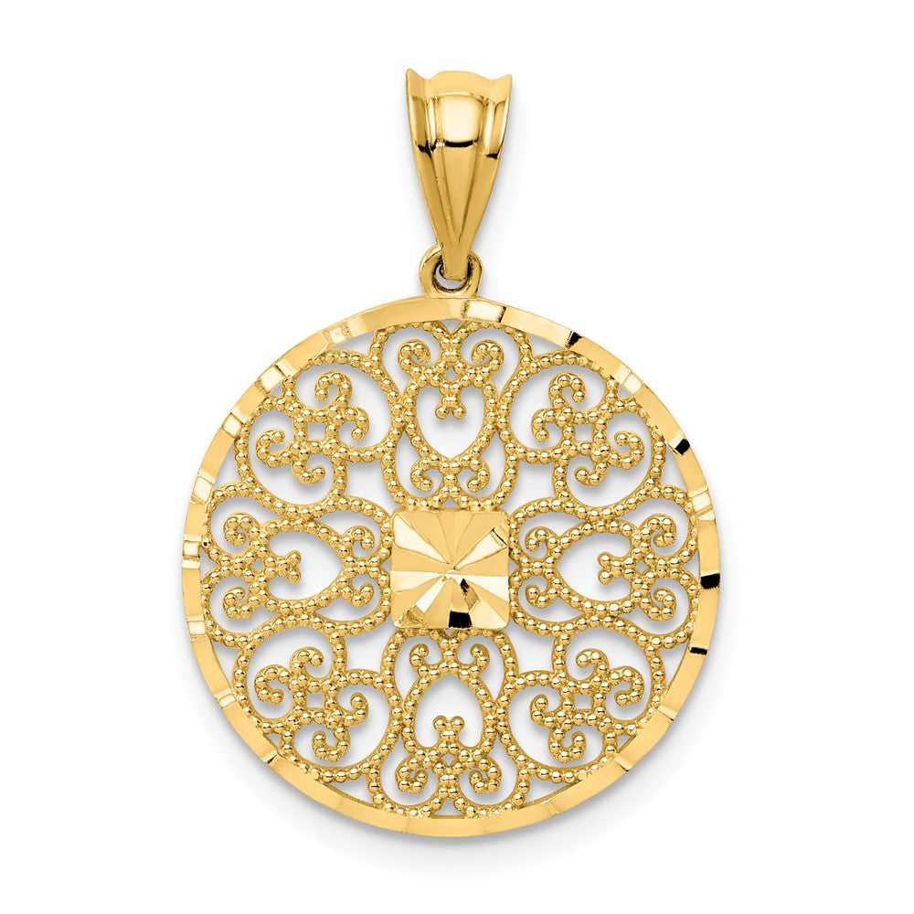 14K Yellow Gold Textured &amp; Diamond Cut Filigree Circle Pendant, 19mm, Item P26626 by The Black Bow Jewelry Co.