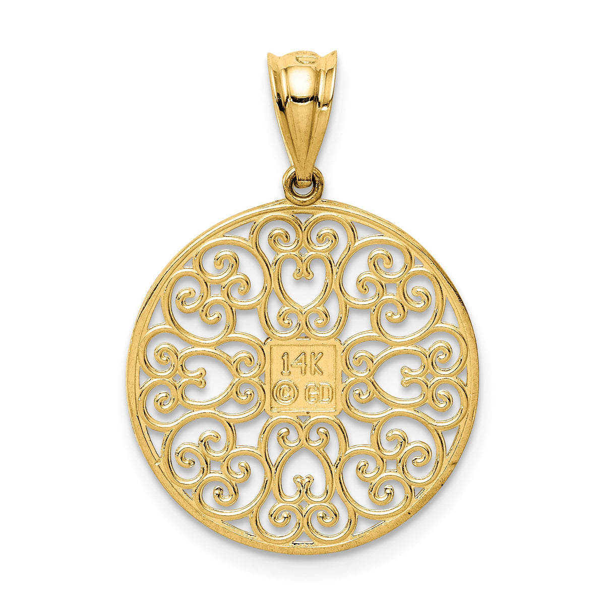 Alternate view of the 14K Yellow Gold Textured &amp; Diamond Cut Filigree Circle Pendant, 19mm by The Black Bow Jewelry Co.