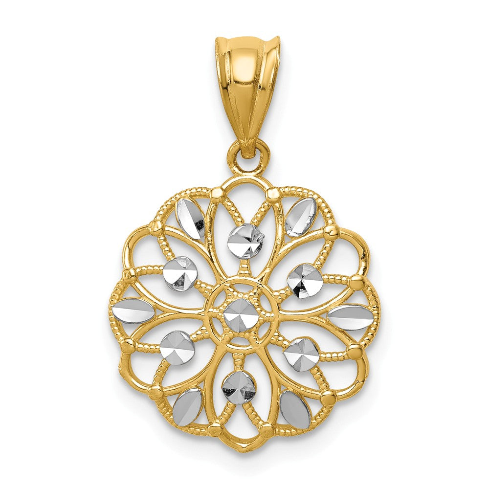 14k Yellow Gold and White Rhodium Scalloped Filigree Pendant, 16mm, Item P26632 by The Black Bow Jewelry Co.