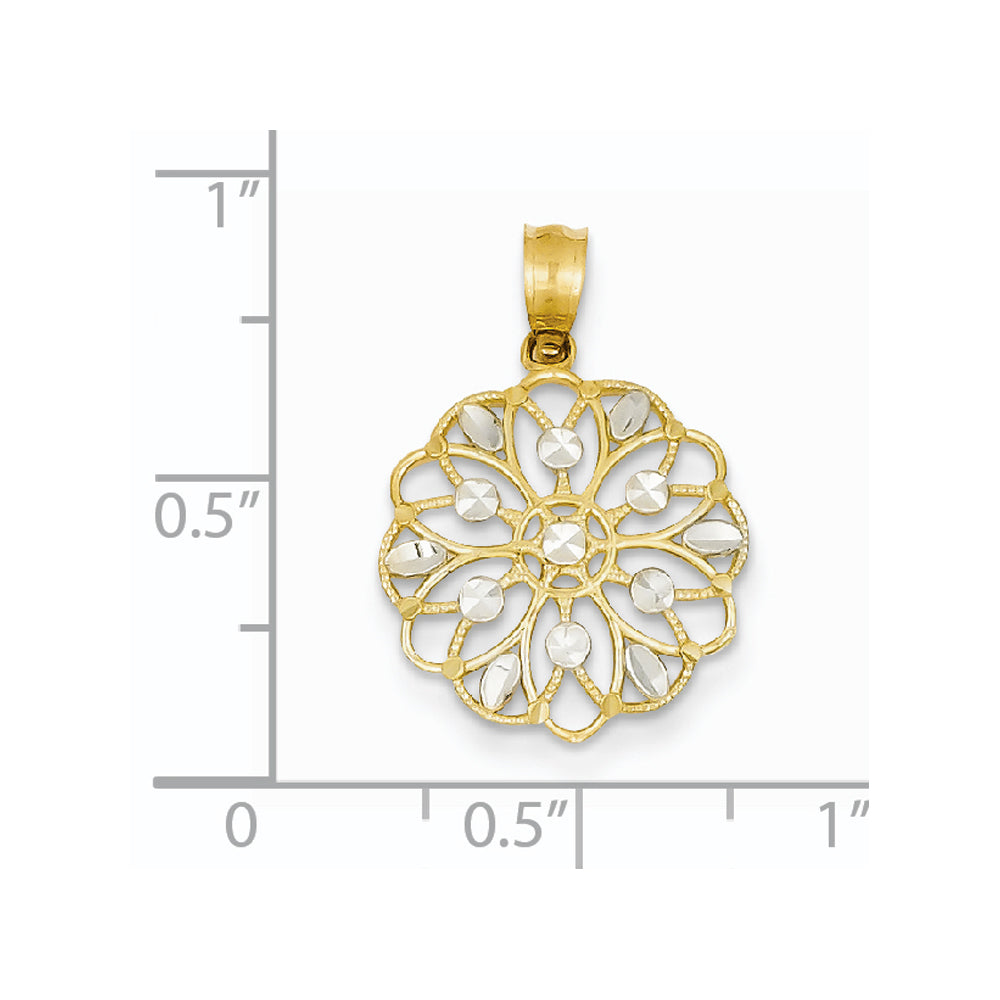 Alternate view of the 14k Yellow Gold and White Rhodium Scalloped Filigree Pendant, 16mm by The Black Bow Jewelry Co.