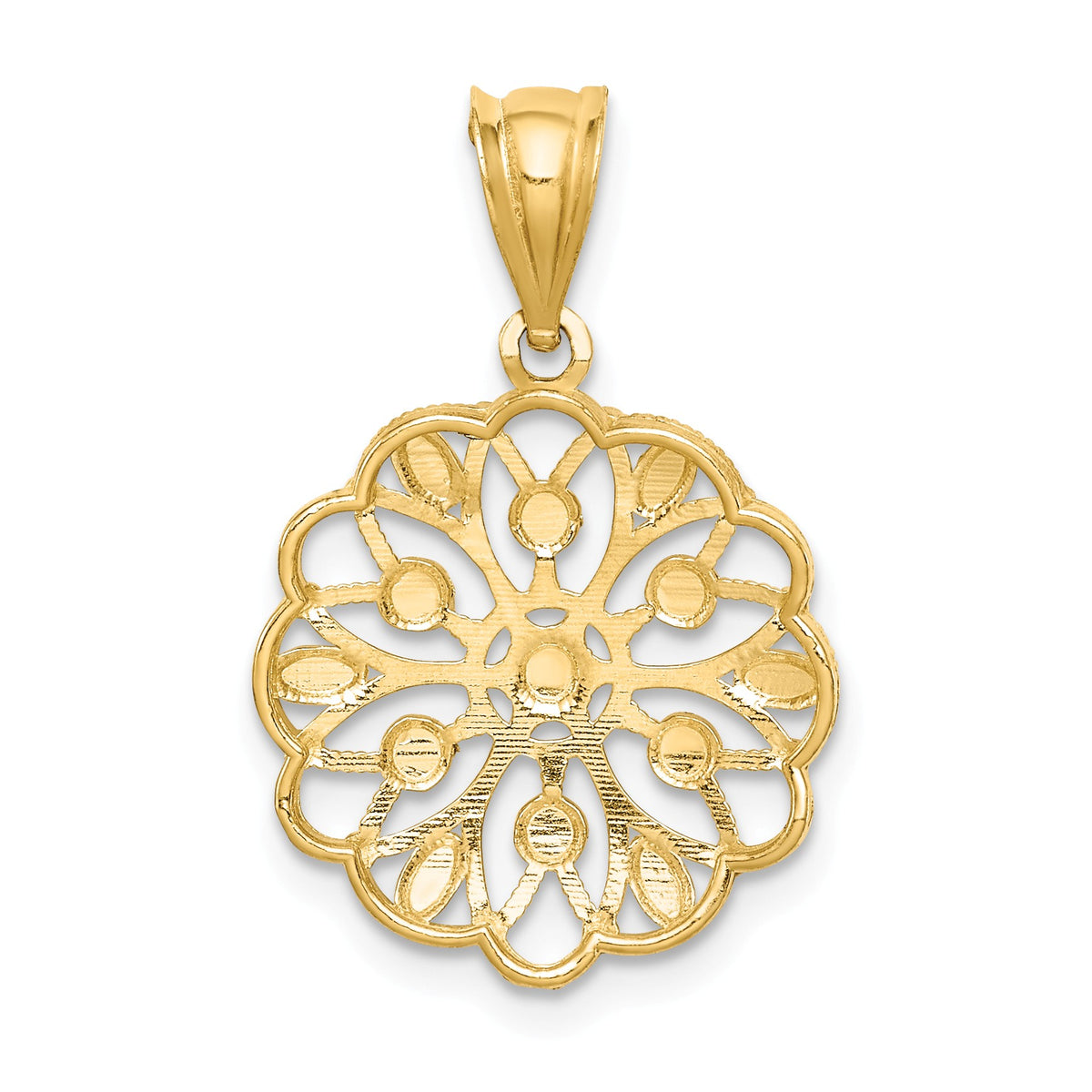 Alternate view of the 14k Yellow Gold and White Rhodium Scalloped Filigree Pendant, 16mm by The Black Bow Jewelry Co.