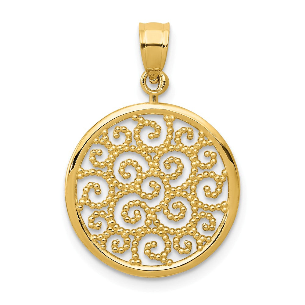 14k Yellow Gold Filigree Scroll Circle Pendant, 16mm (5/8 inch), Item P26634 by The Black Bow Jewelry Co.