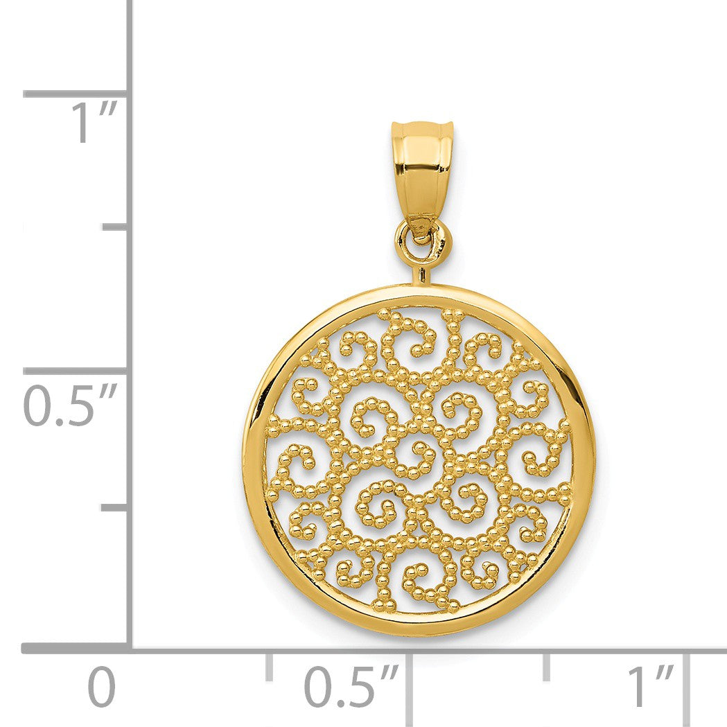 Alternate view of the 14k Yellow Gold Filigree Scroll Circle Pendant, 16mm (5/8 inch) by The Black Bow Jewelry Co.