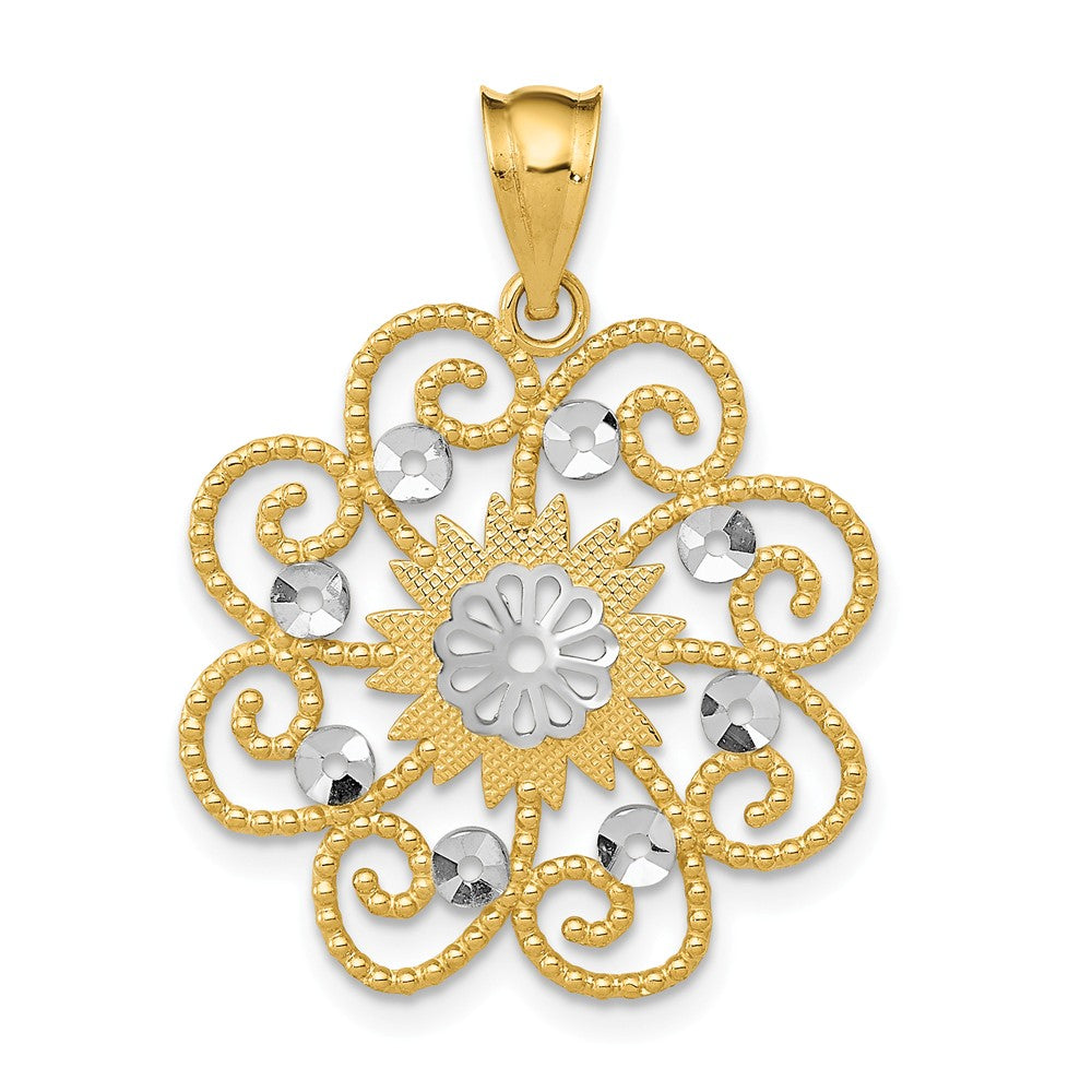 14k Yellow Gold and White Rhodium Round Swirl Pendant, 20mm (3/4 inch), Item P26636 by The Black Bow Jewelry Co.