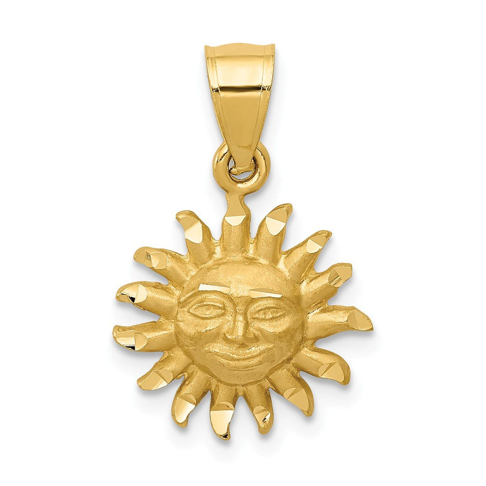 14k Yellow Gold Satin &amp; Diamond Cut Smiling 2D Sun Pendant, 14mm, Item P26658 by The Black Bow Jewelry Co.