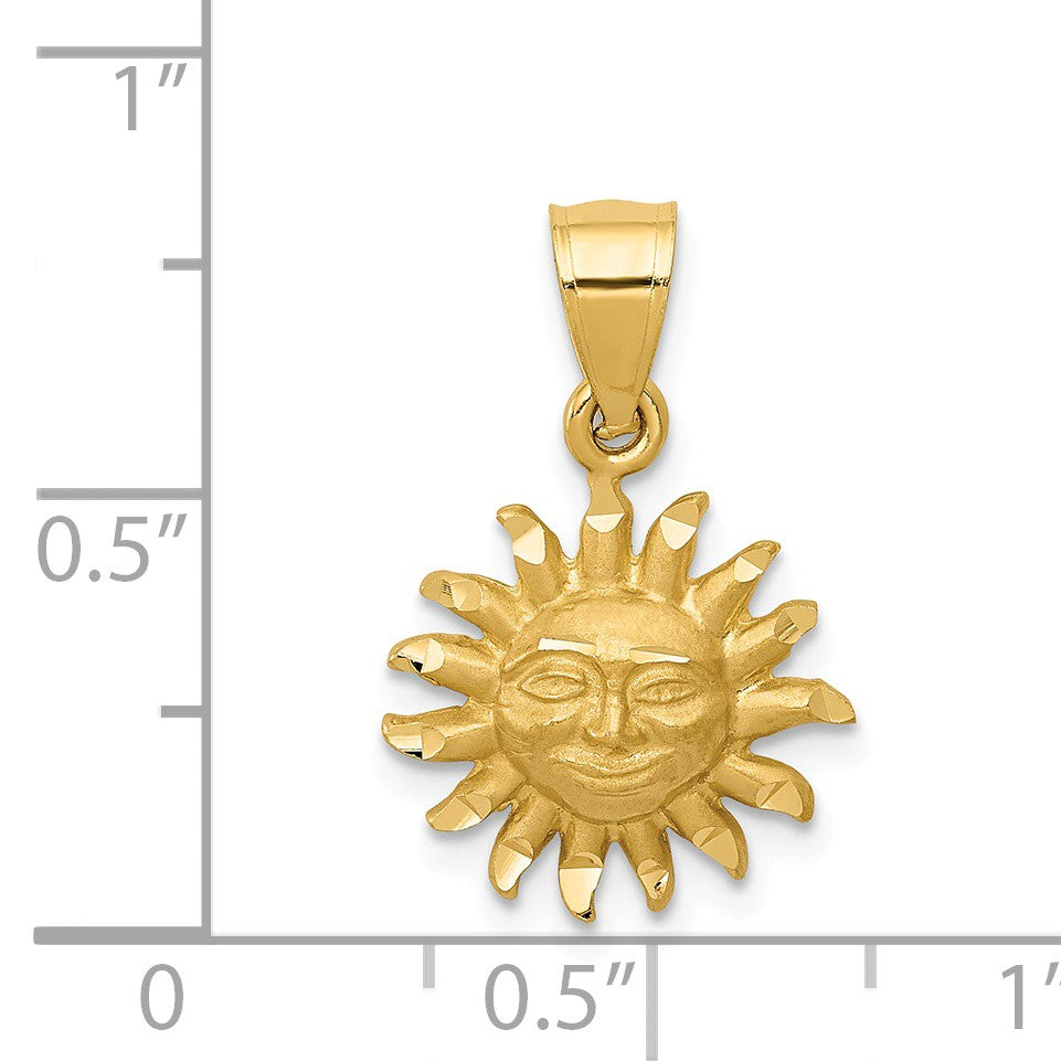 Alternate view of the 14k Yellow Gold Satin &amp; Diamond Cut Smiling 2D Sun Pendant, 14mm by The Black Bow Jewelry Co.