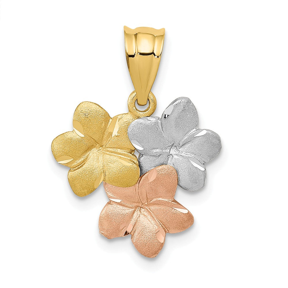 14k Tri-color Gold Satin Triple Plumeria Pendant, 15mm (9/16 inch), Item P26662 by The Black Bow Jewelry Co.