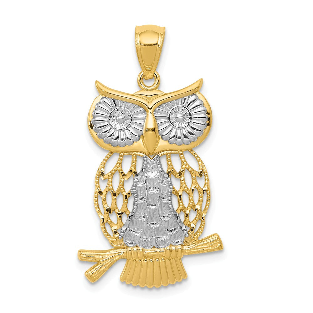 14k Yellow Gold &amp; White Rhodium Moveable Owl Pendant, 17mm (5/8 inch), Item P26681 by The Black Bow Jewelry Co.