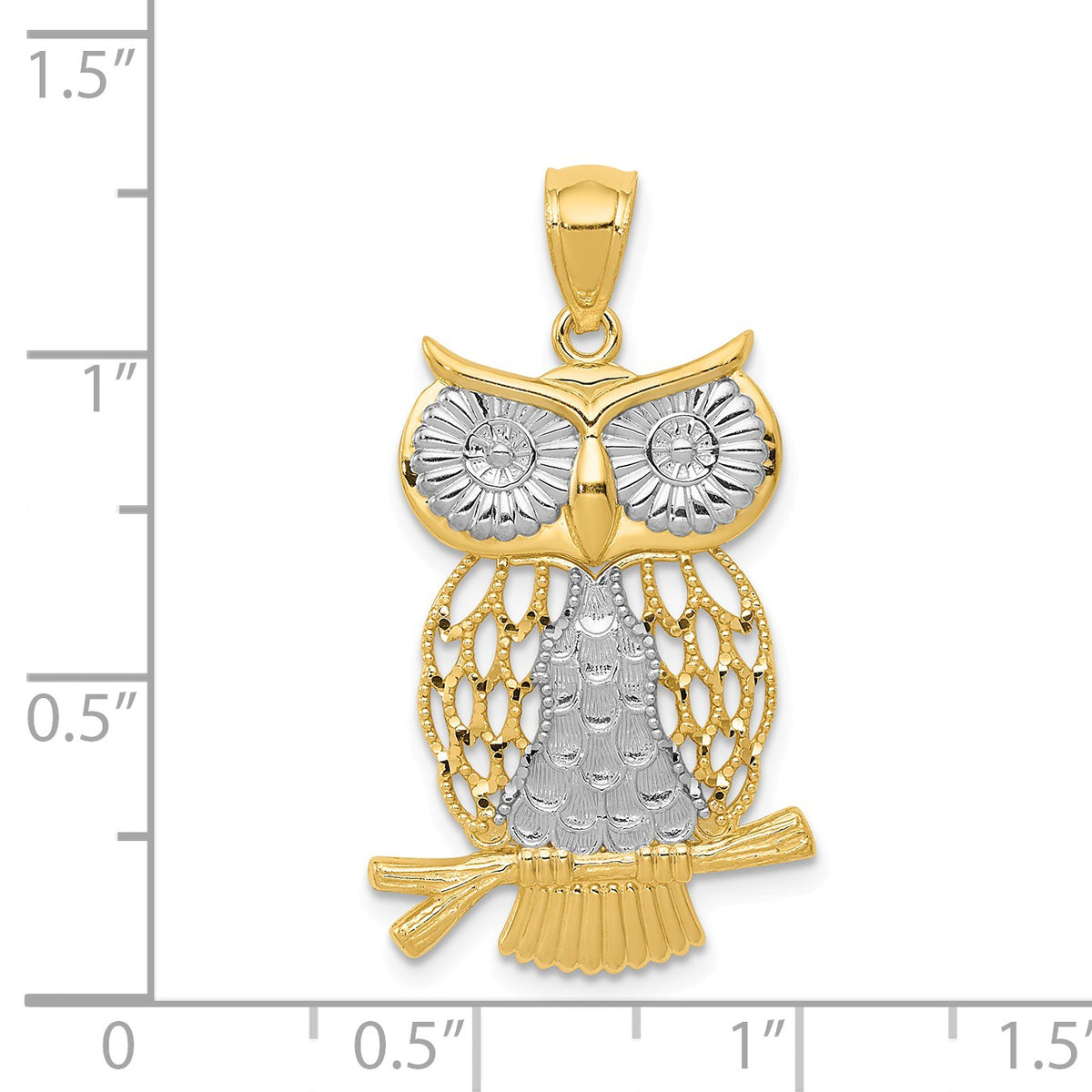 Alternate view of the 14k Yellow Gold &amp; White Rhodium Moveable Owl Pendant, 17mm (5/8 inch) by The Black Bow Jewelry Co.