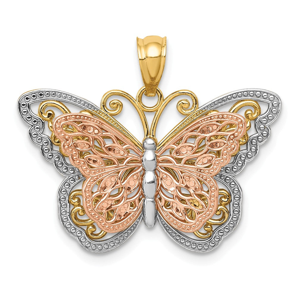 14k Two Tone Gold and White Rhodium Stacked Butterfly Pendant, 26mm, Item P26684 by The Black Bow Jewelry Co.