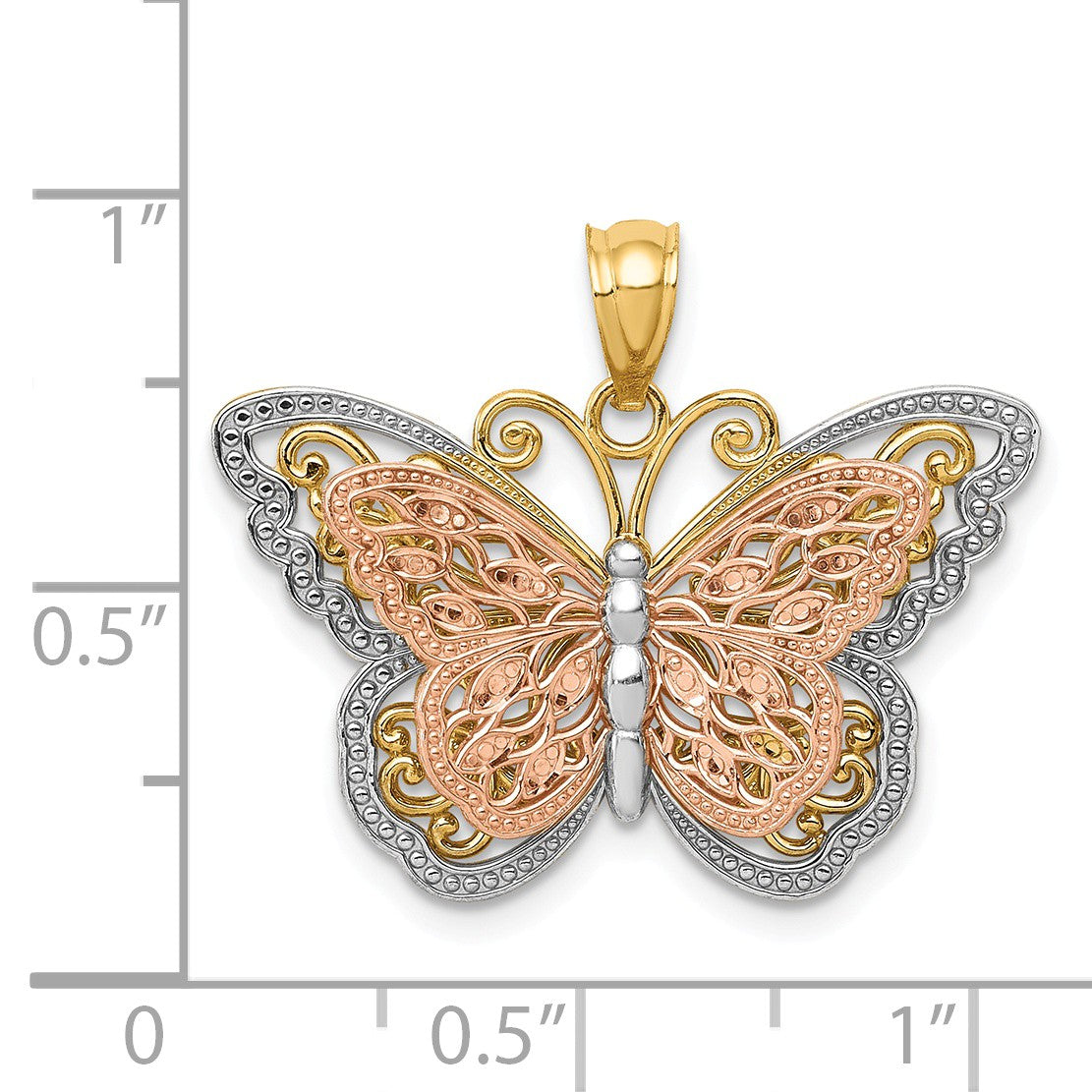 Alternate view of the 14k Two Tone Gold and White Rhodium Stacked Butterfly Pendant, 26mm by The Black Bow Jewelry Co.