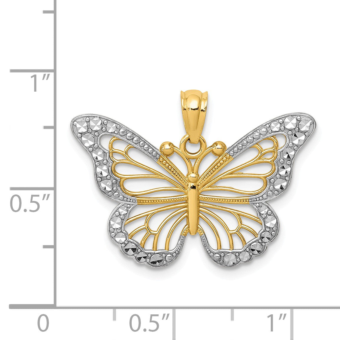 Alternate view of the 14k Yellow Gold with White Rhodium Ornate Butterfly Pendant, 26mm by The Black Bow Jewelry Co.