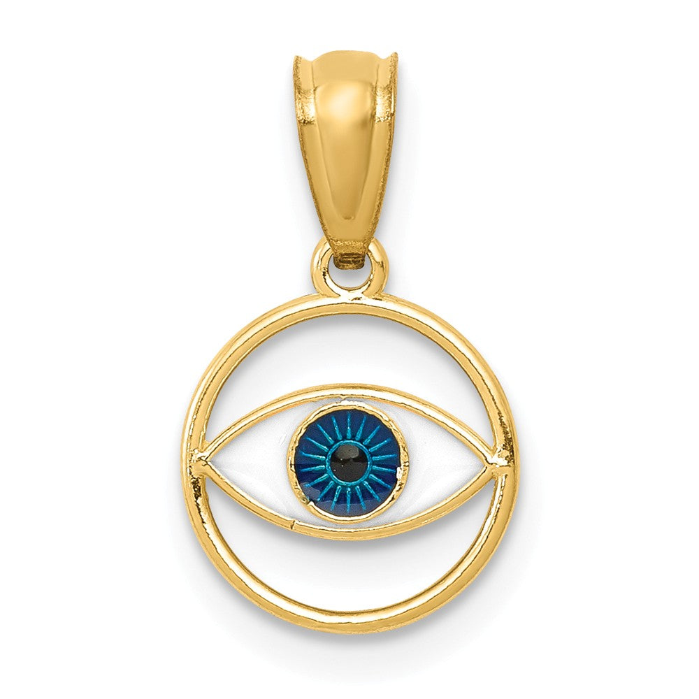 14K Yellow Gold & Enamel, Round Blue Evil Eye Pendant, 9mm (3/8 inch), Item P26731 by The Black Bow Jewelry Co.