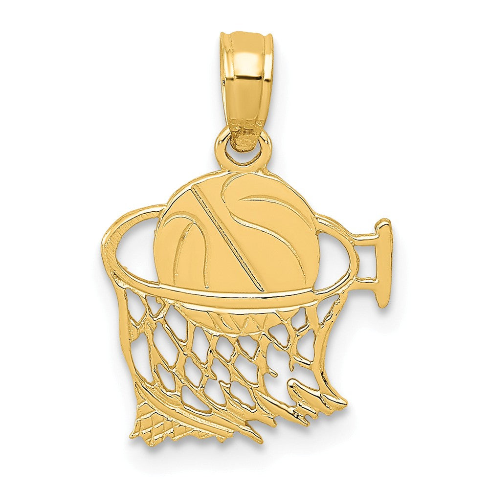 14k Yellow Gold Small Basketball in Net Pendant, 12mm (7/16 inch), Item P26773 by The Black Bow Jewelry Co.