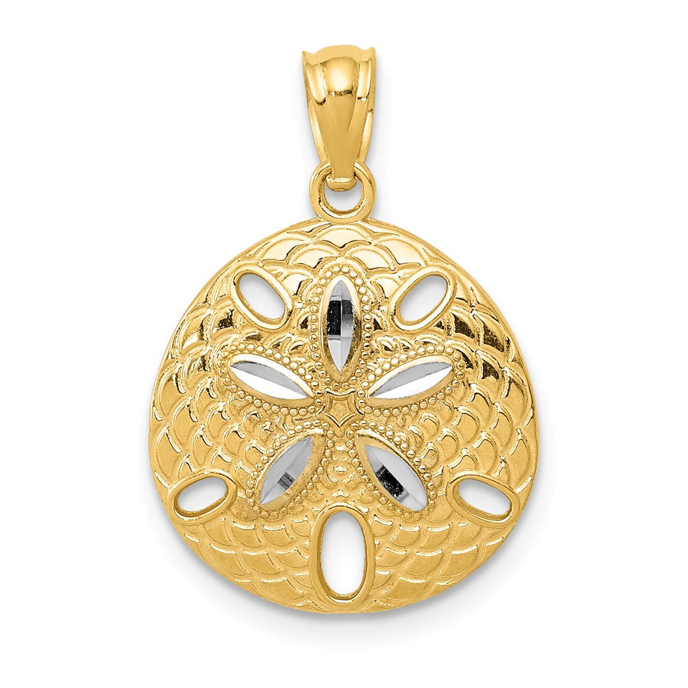 14k Yellow Gold and White Rhodium Sand Dollar Pendant, 15mm (9/16 In), Item P26817-15 by The Black Bow Jewelry Co.