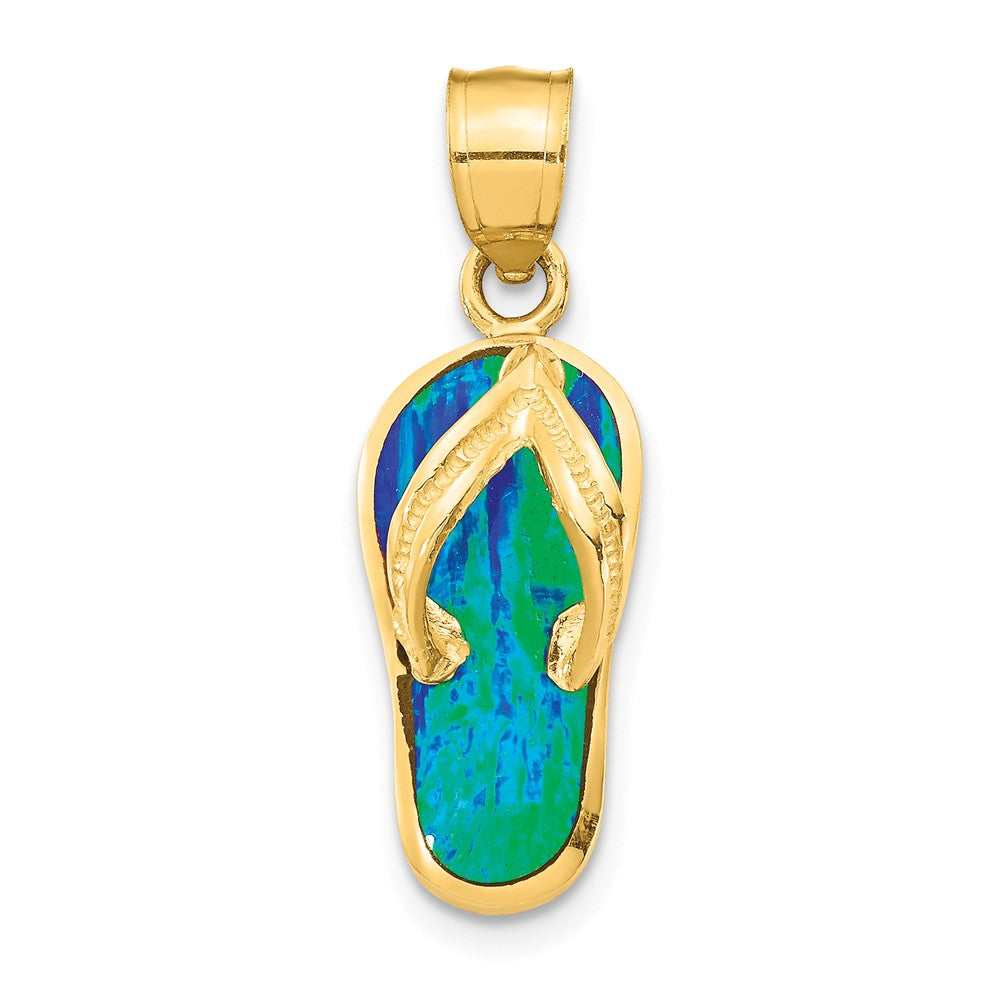 14k Yellow Gold and Created White or Blue Opal Flip Flop Pendant, 8mm, Item P26821 by The Black Bow Jewelry Co.