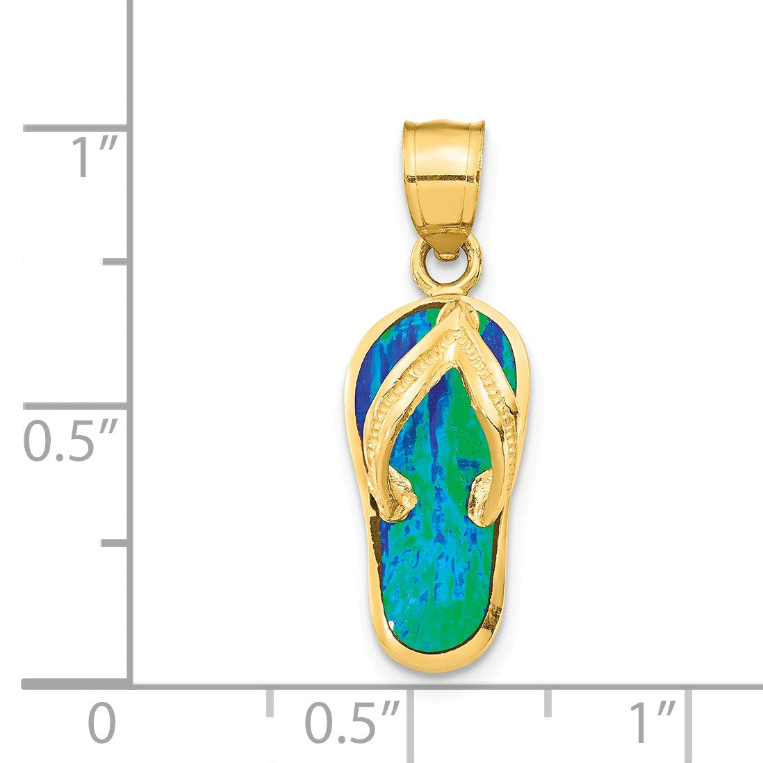 Alternate view of the 14k Yellow Gold and Created Blue Opal Flip Flop Pendant, 8 x 25mm by The Black Bow Jewelry Co.