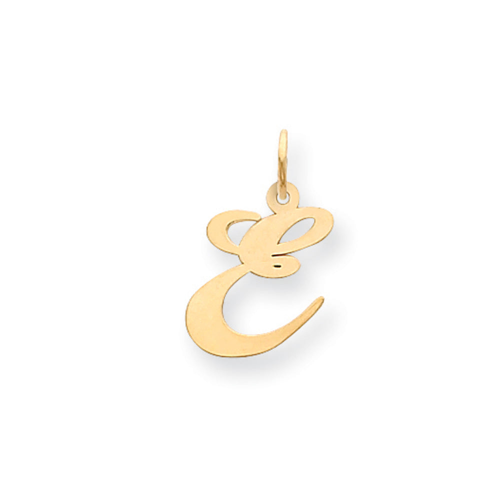 14k Yellow Gold, Ella Collection, Small Fancy Script Initial E Pendant, Item P26829-E by The Black Bow Jewelry Co.