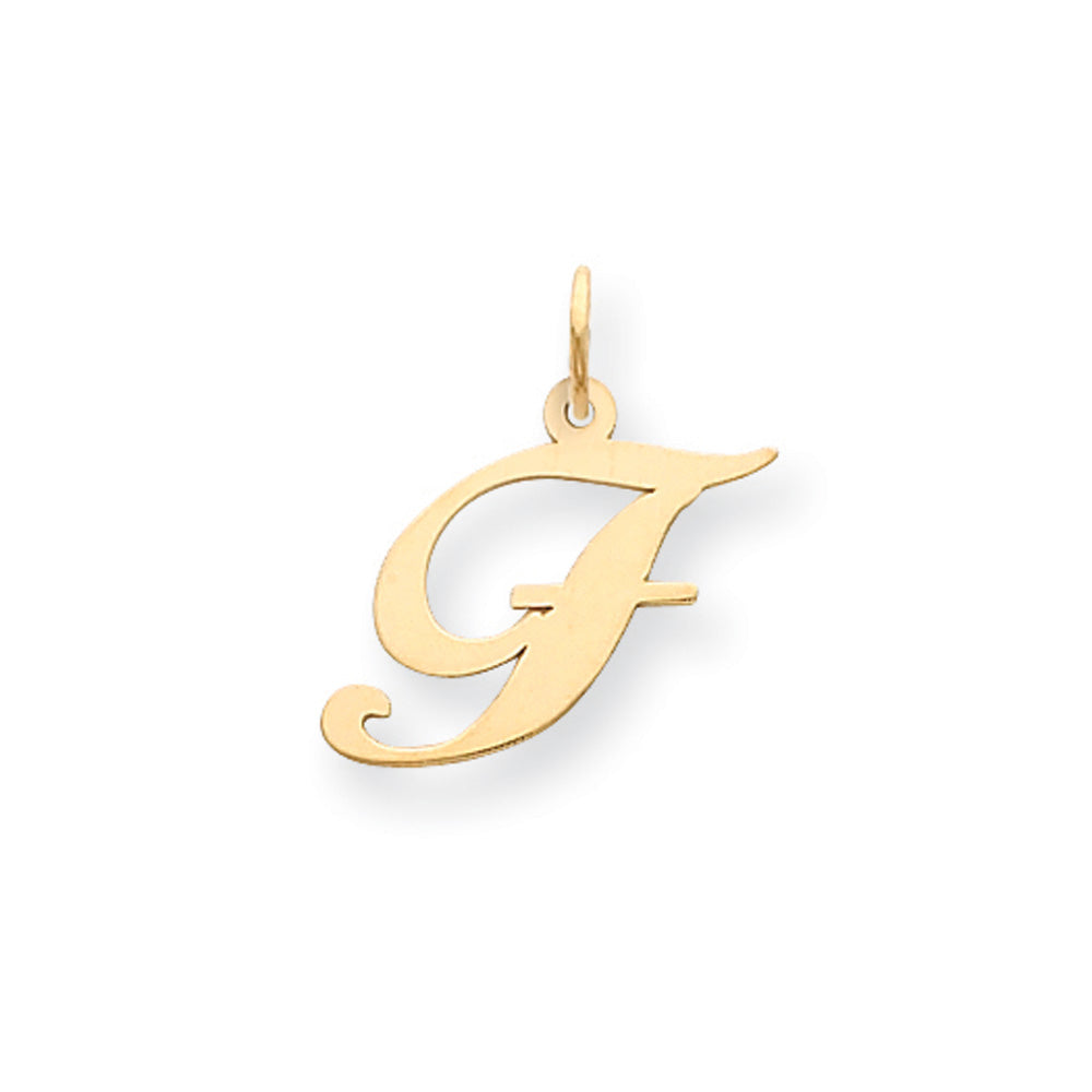 14k Yellow Gold, Ella Collection, Small Fancy Script Initial F Pendant, Item P26829-F by The Black Bow Jewelry Co.