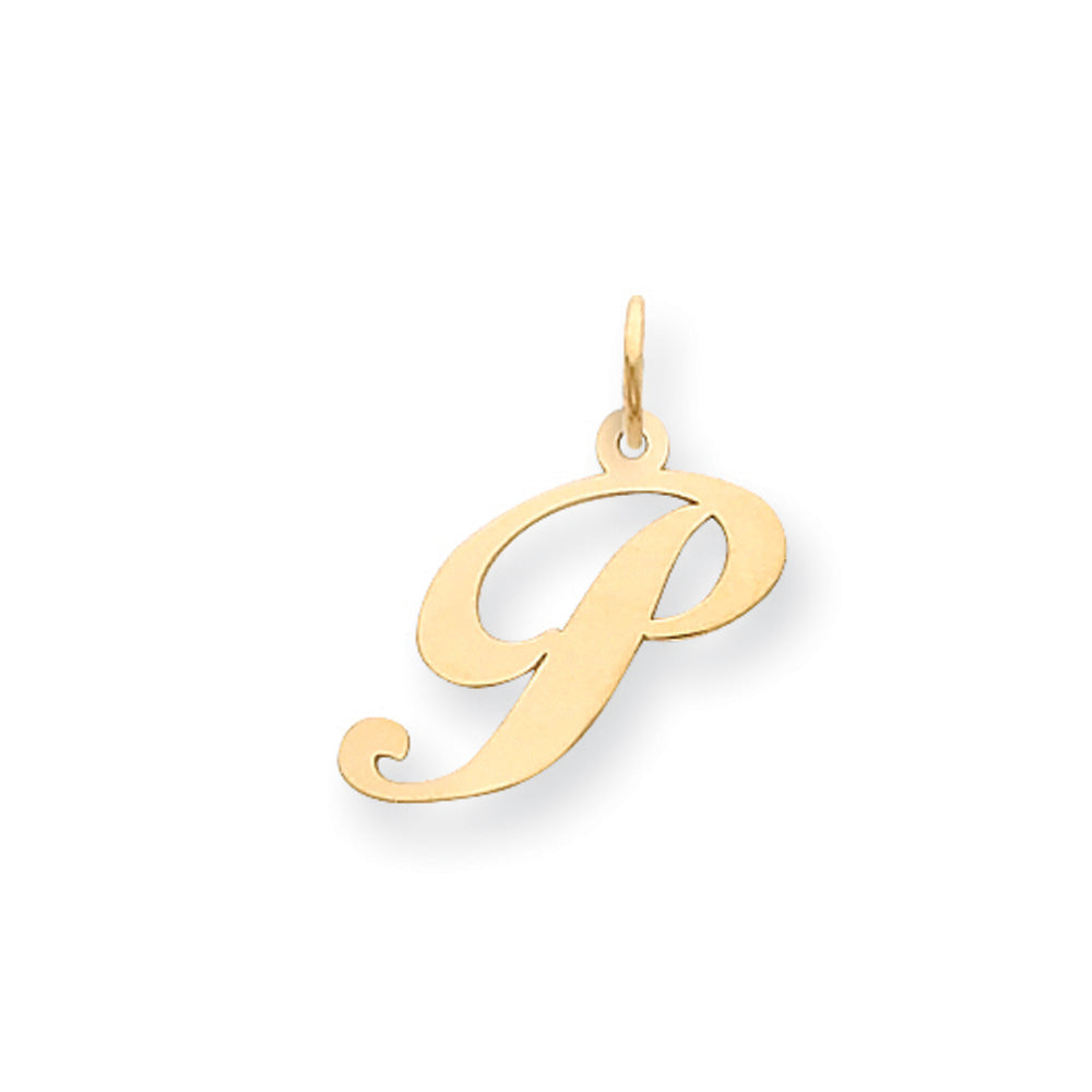 14k Yellow Gold, Ella Collection, Small Fancy Script Initial P Pendant, Item P26829-P by The Black Bow Jewelry Co.