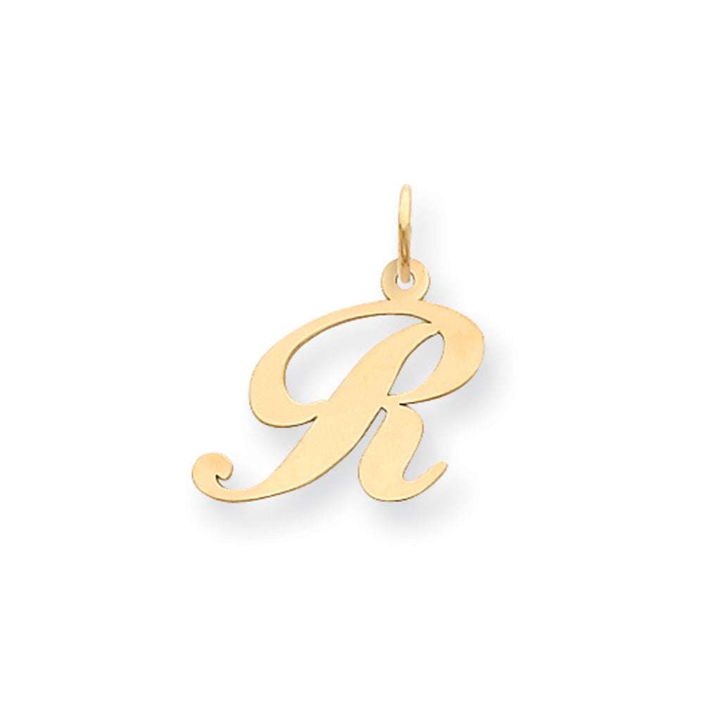 14k Yellow Gold, Ella Collection, Small Fancy Script Initial R Pendant, Item P26829-R by The Black Bow Jewelry Co.