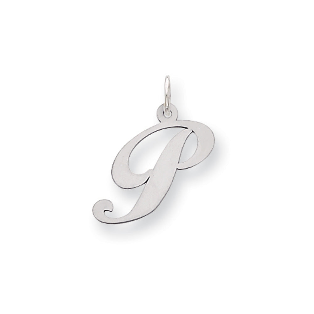 14k White Gold, Ella Collection, Small Fancy Script Initial P Pendant, Item P26830-P by The Black Bow Jewelry Co.