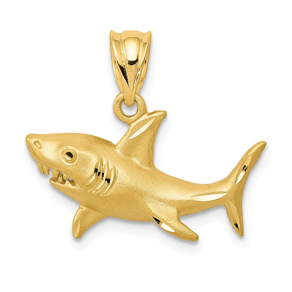 14k Yellow Gold Satin &amp; Diamond-Cut 2D Shark Pendant, 20mm (3/4 Inch), Item P26863 by The Black Bow Jewelry Co.