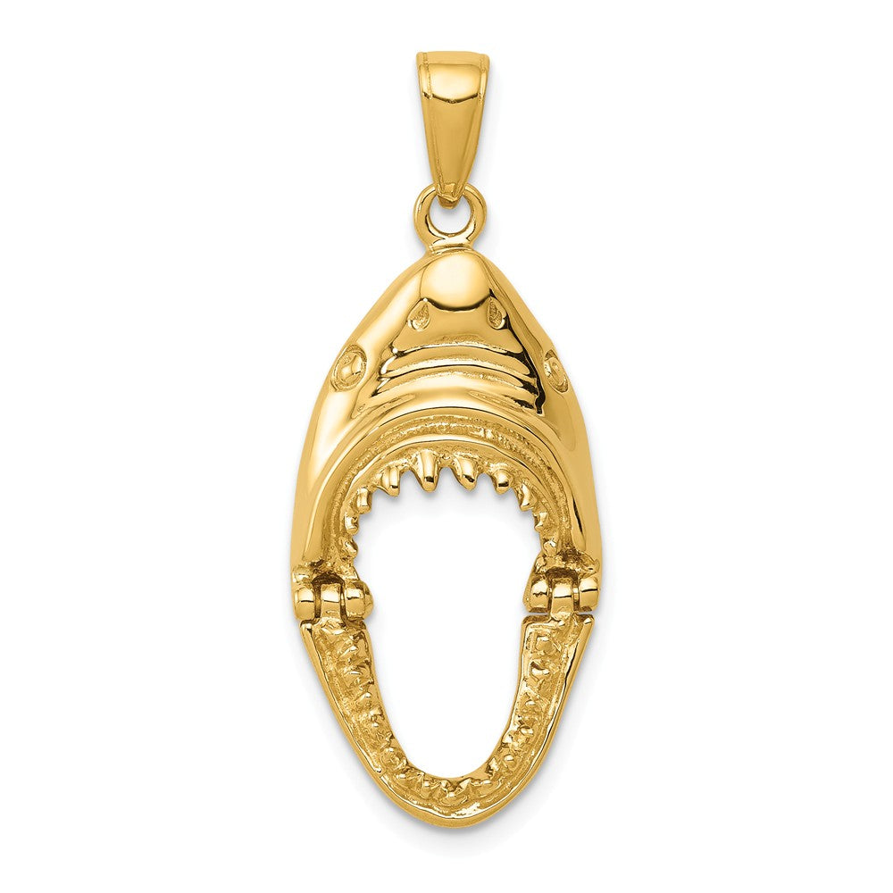 14k Yellow Gold Moveable 2D Hinged Jaws Shark Head Pendant, 15 x 25mm, Item P26865 by The Black Bow Jewelry Co.